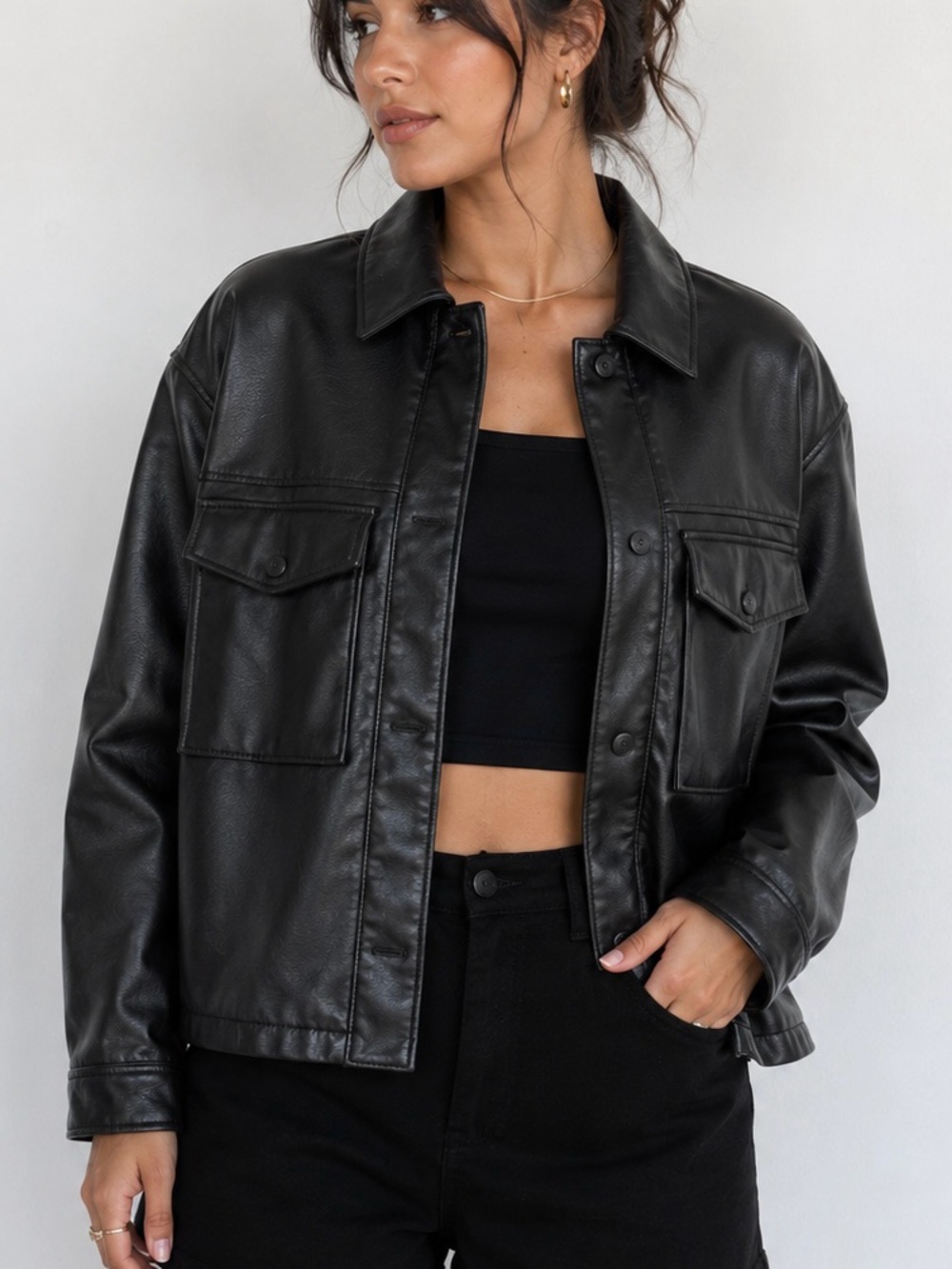 Classic Black Faux Leather Jacket - Women's